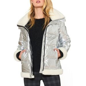 New! SANCTUARY Women's Metallic Puffer Jacket Faux Shearling Trim Size Small